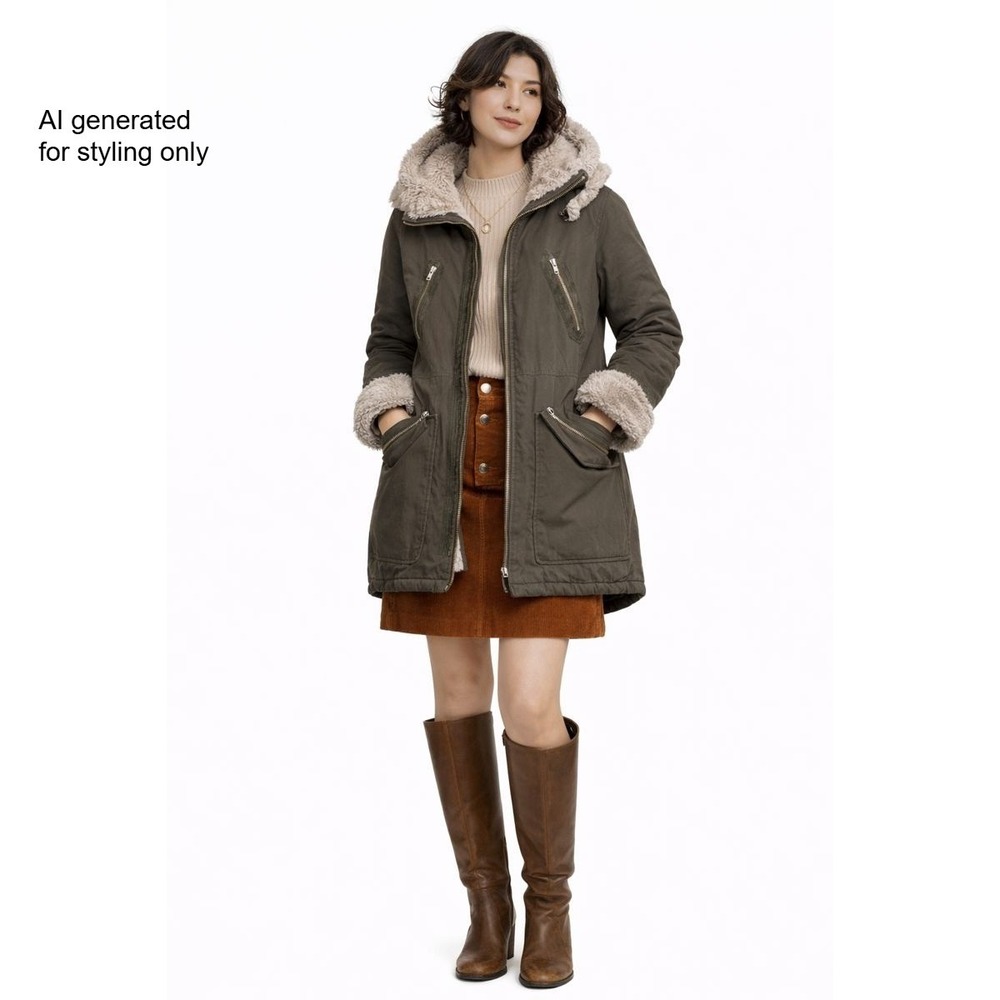 VTG Y2K Penny Lane SISLEY Khaki Green Faux Fur Lined Suede trim Parka‎ US XS